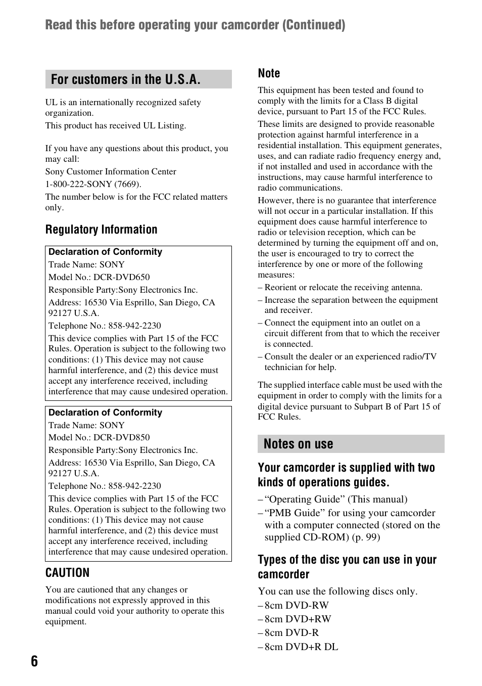 For customers in the u.s.a | Sony DCR-DVD850 User Manual | Page 6 / 159