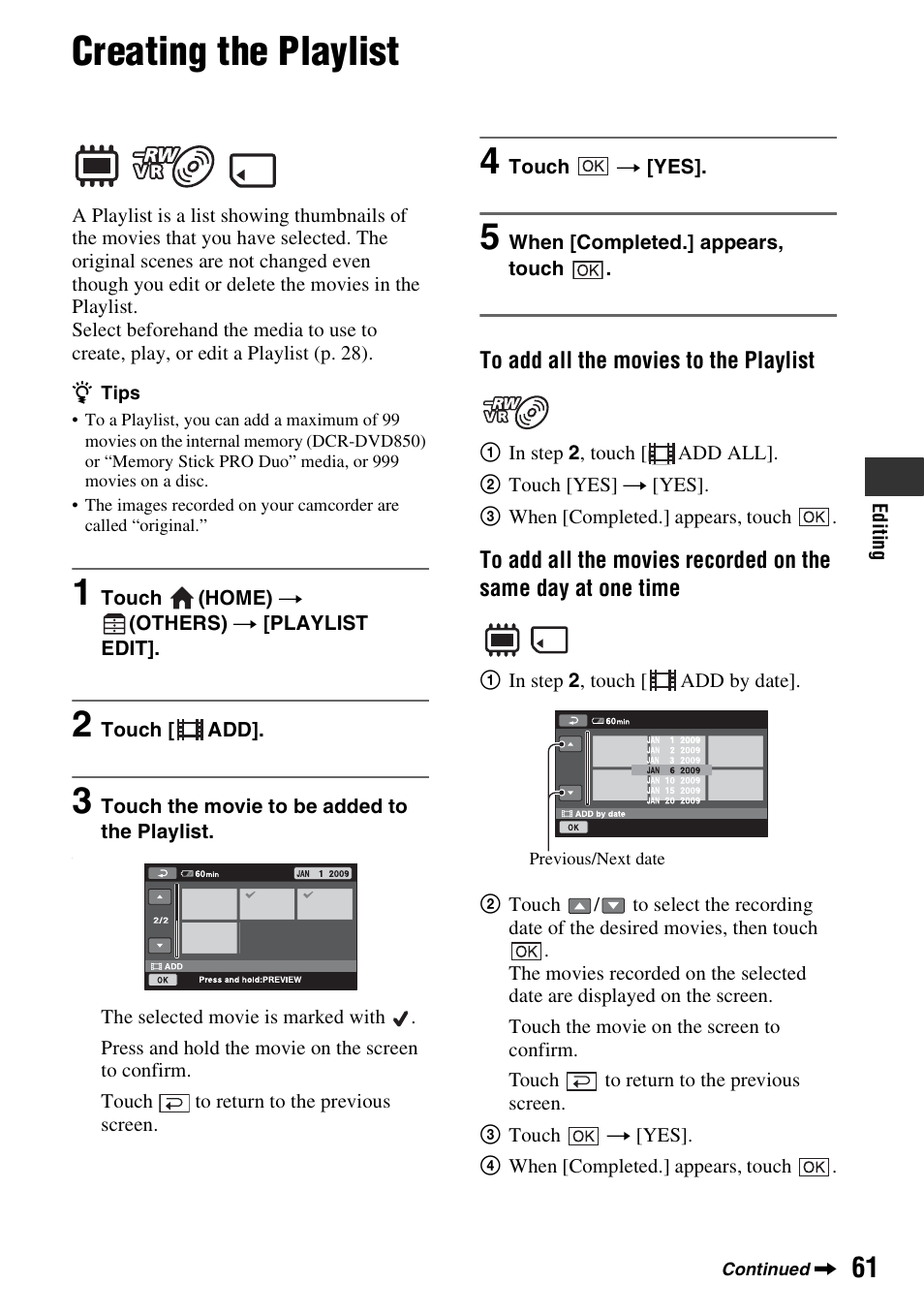 Creating the playlist, P. 61) | Sony DCR-DVD850 User Manual | Page 61 / 159