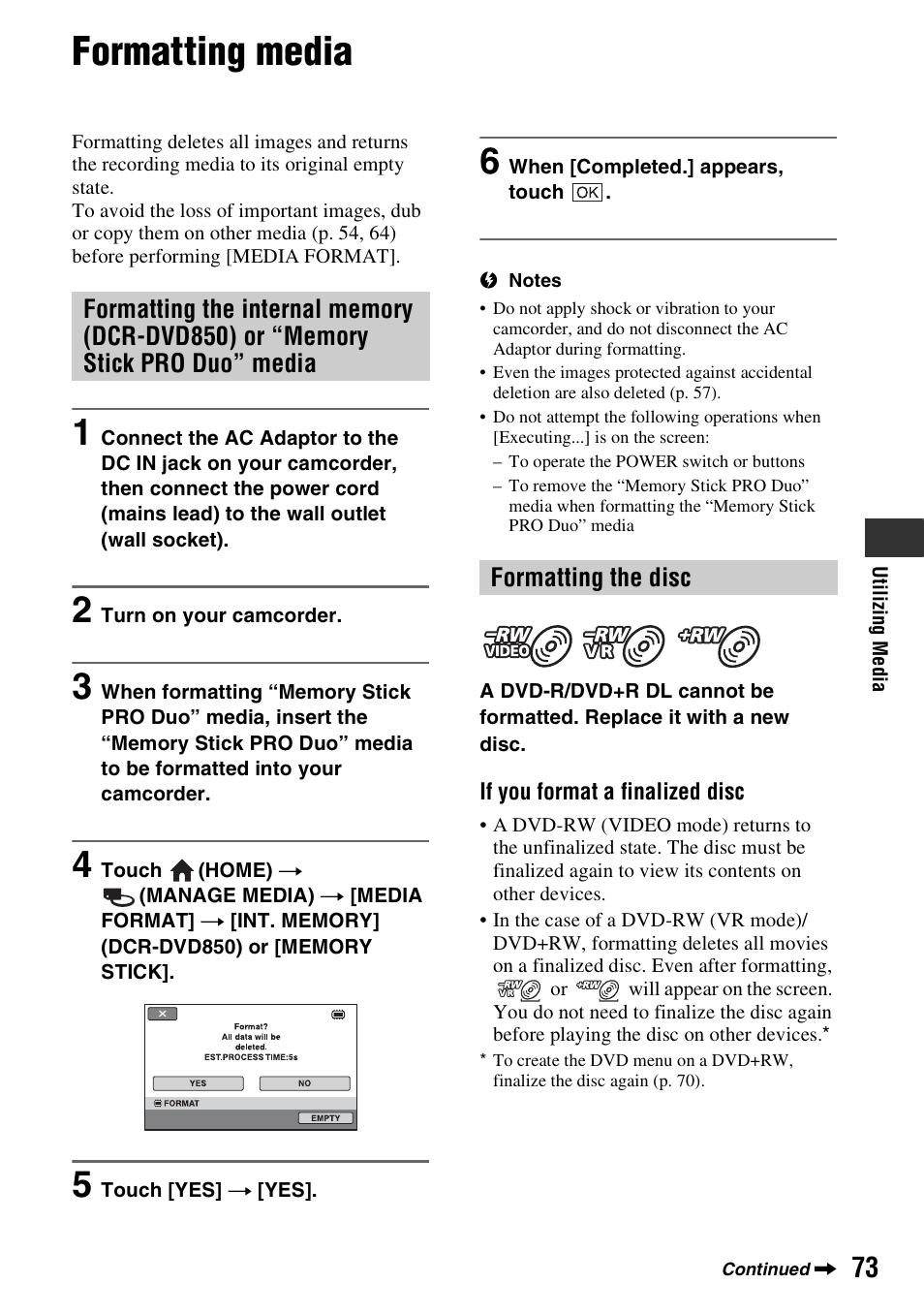 Formatting media, P. 73), P. 73 | Ee “formatting media | Sony DCR-DVD850 User Manual | Page 73 / 159