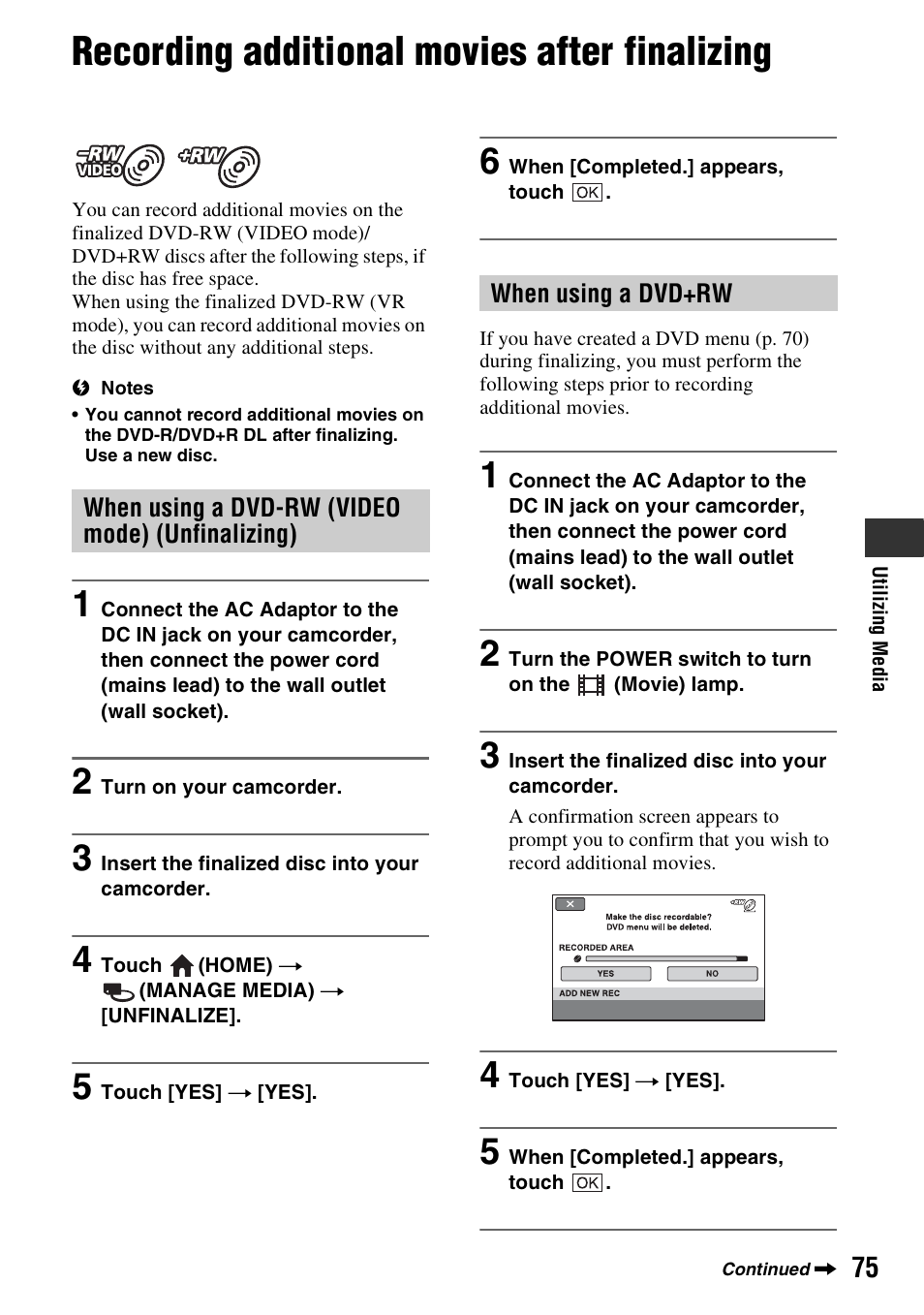 Recording additional movies after finalizing, Recording additional movies after, Finalizing | P. 75, P. 75), Sc (p. 75) | Sony DCR-DVD850 User Manual | Page 75 / 159