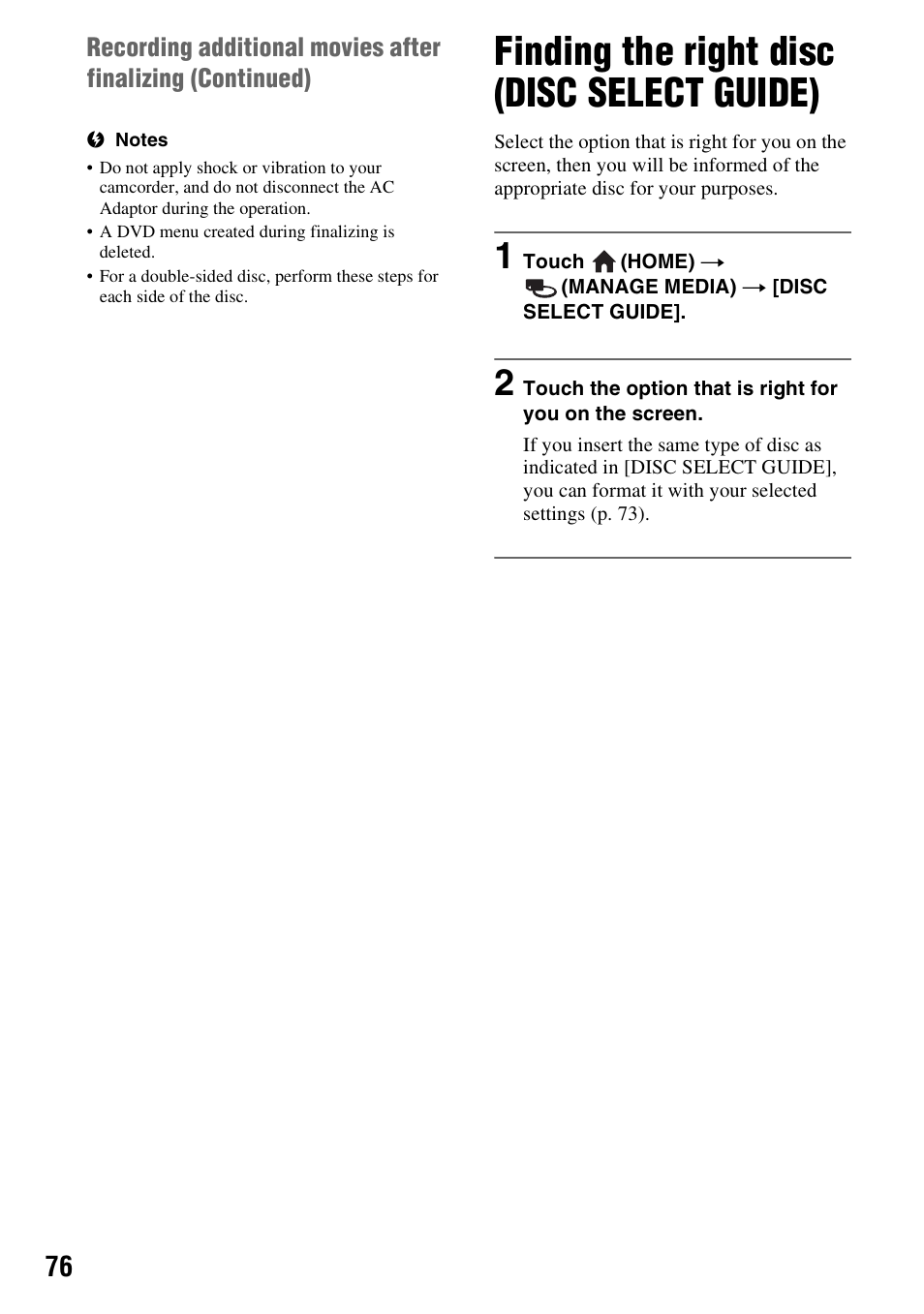 Finding the right disc (disc select guide), Finding the right disc (disc select, Guide) | P. 76), E (p. 76) | Sony DCR-DVD850 User Manual | Page 76 / 159
