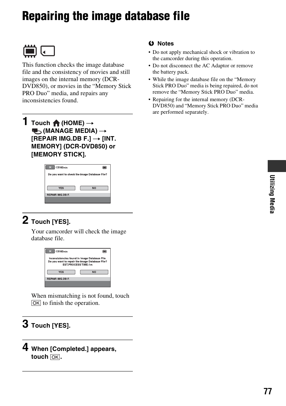 Repairing the image database file, P. 77) | Sony DCR-DVD850 User Manual | Page 77 / 159