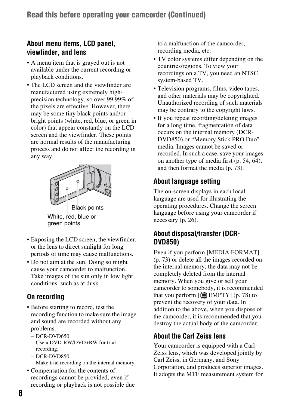 Sony DCR-DVD850 User Manual | Page 8 / 159