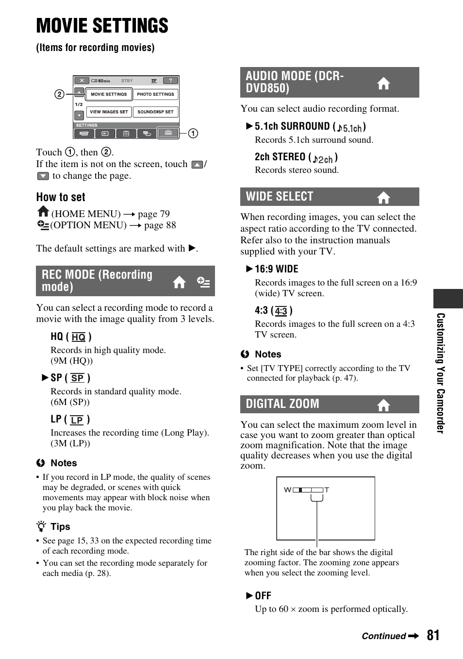 Movie settings, Items for recording movies), P. 81) | P. 81, Rec mode (recording mode), Audio mode (dcr- dvd850) wide select digital zoom | Sony DCR-DVD850 User Manual | Page 81 / 159