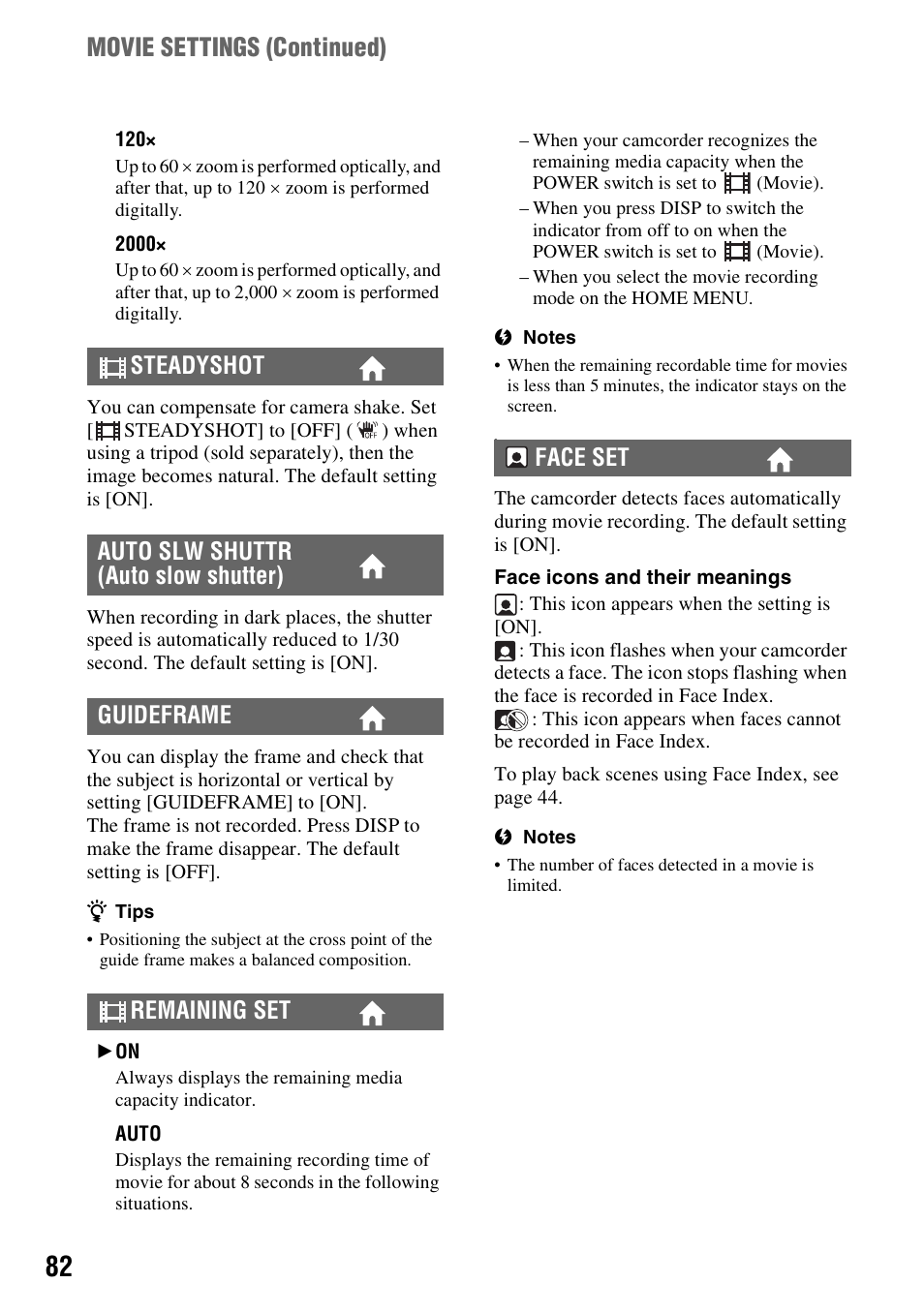 P. 82), Movie settings (continued) | Sony DCR-DVD850 User Manual | Page 82 / 159