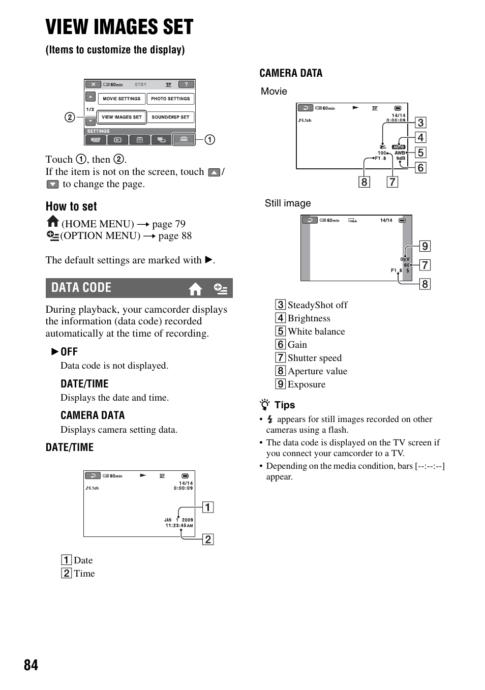 View images set, Items to customize the display), P. 84) | T (p. 84), Data code | Sony DCR-DVD850 User Manual | Page 84 / 159
