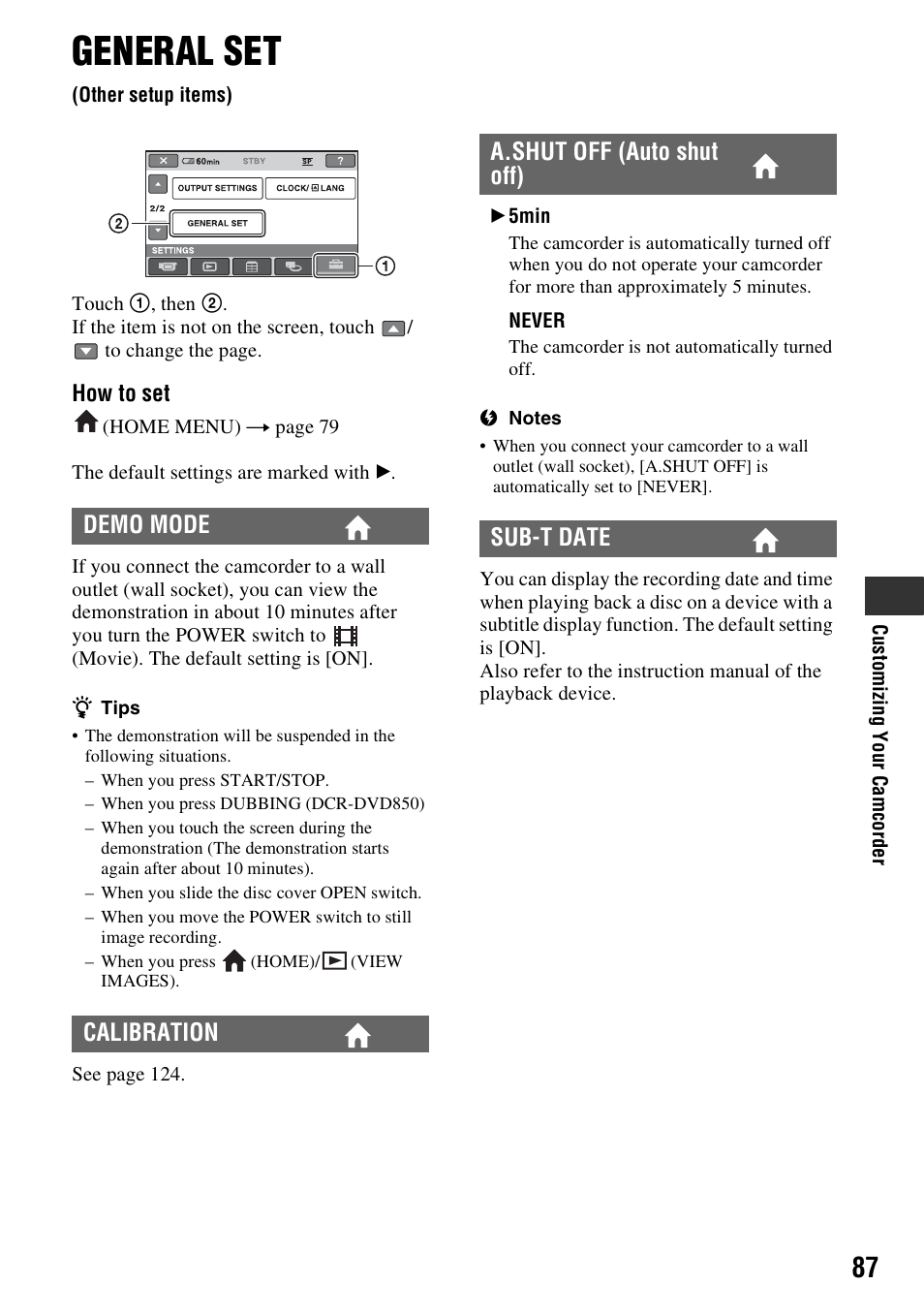 General set, Other setup items), P. 87) | Demo mode calibration, A.shut off (auto shut off) sub-t date | Sony DCR-DVD850 User Manual | Page 87 / 159