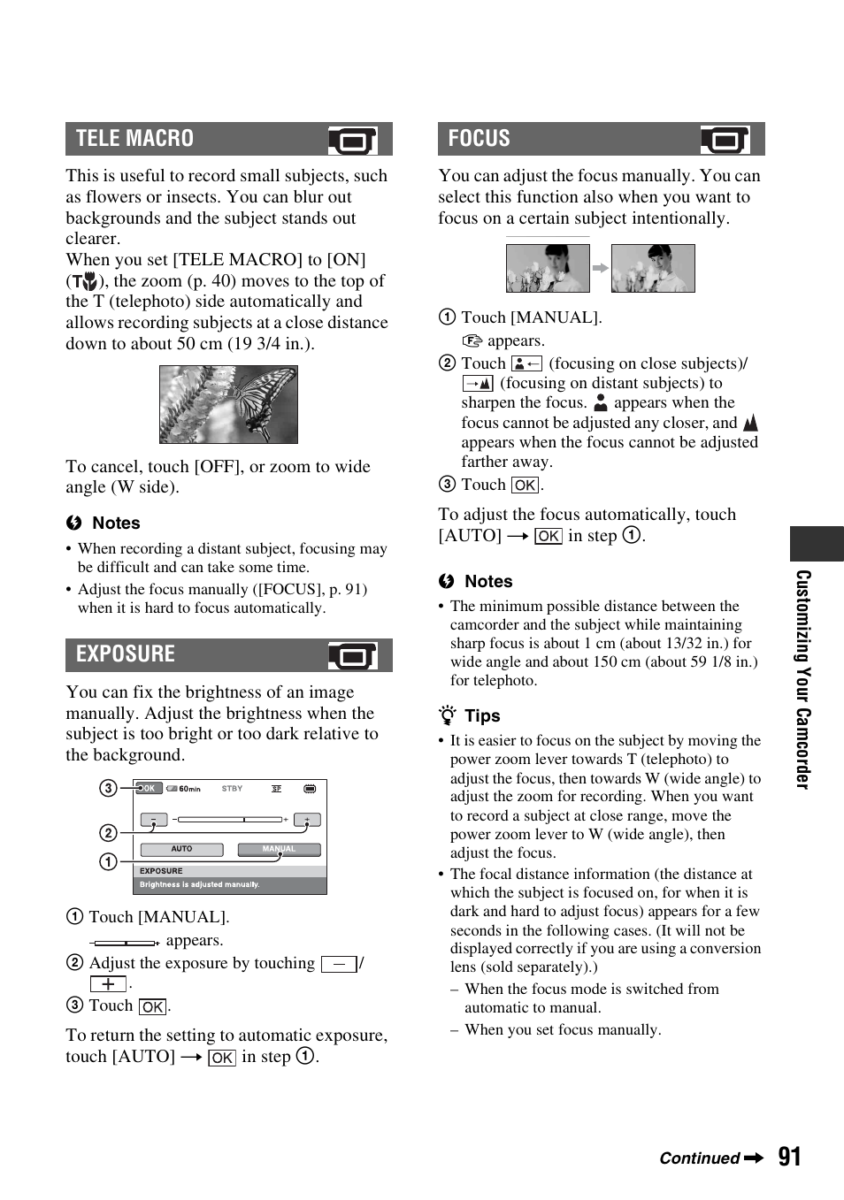 Tele macro exposure focus | Sony DCR-DVD850 User Manual | Page 91 / 159