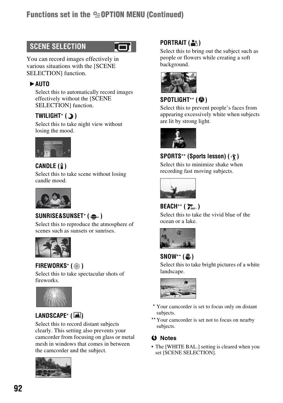 Functions set in the option menu (continued), Scene selection | Sony DCR-DVD850 User Manual | Page 92 / 159