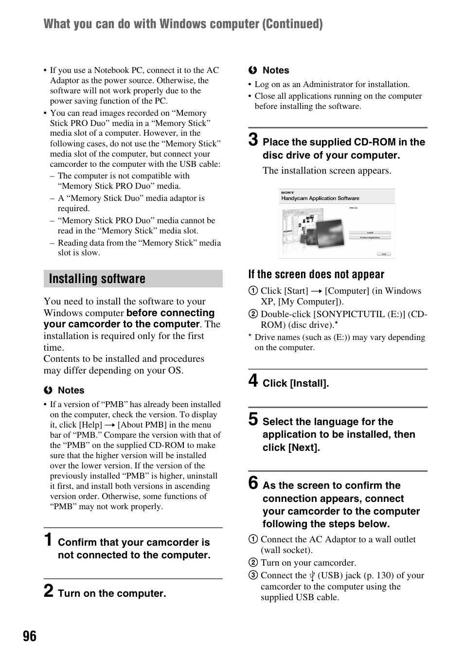 What you can do with windows computer (continued), Installing software | Sony DCR-DVD850 User Manual | Page 96 / 159