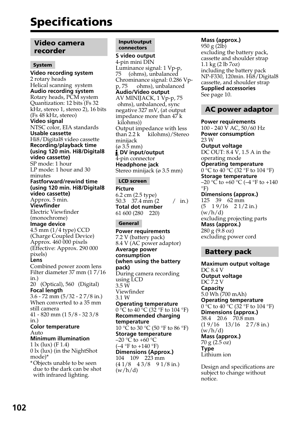 Specifications, Video camera recorder, Ac power adaptor | Battery pack | Sony DCR-TRV130 User Manual | Page 102 / 112