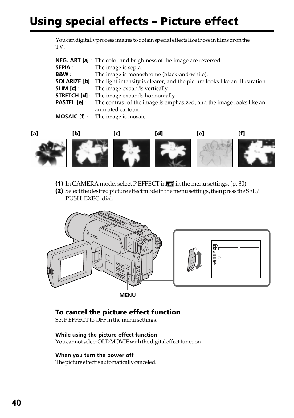 Using special effects – picture effect | Sony DCR-TRV130 User Manual | Page 40 / 112