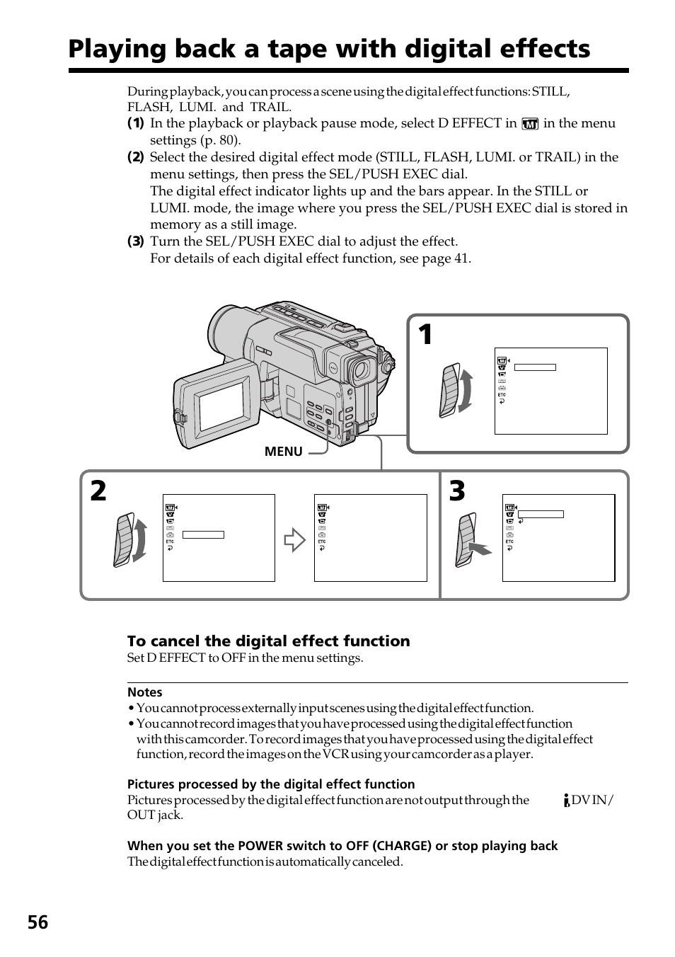 Playing back a tape with digital effects, Playing back a tape with digital, Effects | Sony DCR-TRV130 User Manual | Page 56 / 112