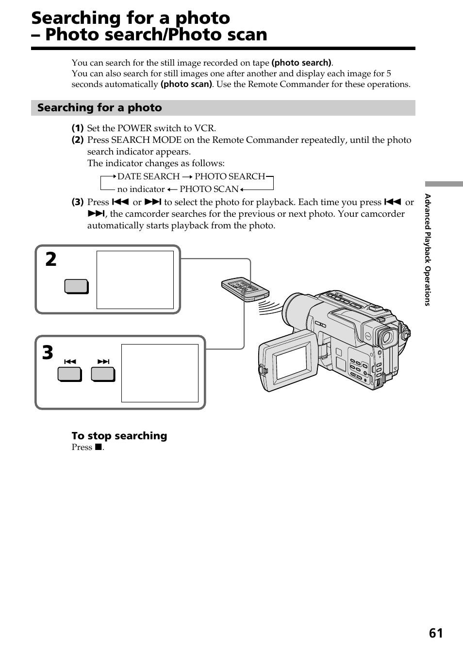 Searching for a photo – photo search/photo scan, Searching for a photo, Photo search/photo scan | Sony DCR-TRV130 User Manual | Page 61 / 112