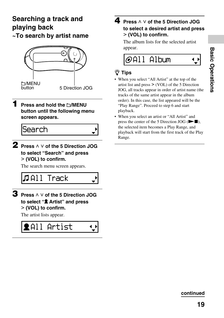 Searching a track and playing back, To search by artist name, Search | All track, All artist, All album | Sony NW-E305 User Manual | Page 19 / 65