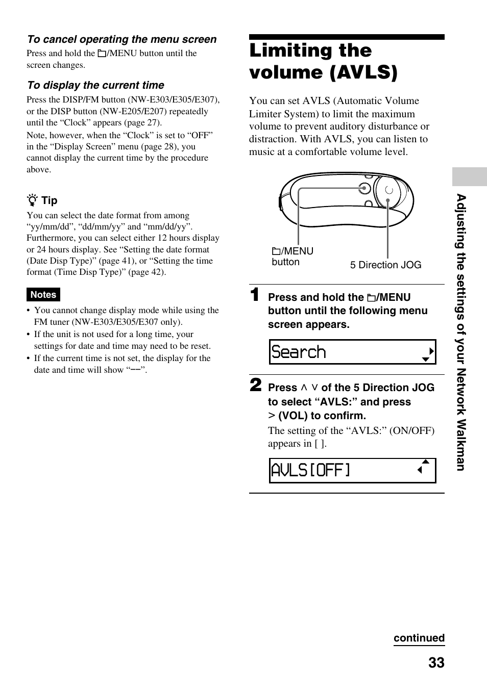 Limiting the volumes (avls), Limiting the volume (avls), Search | Avls[off | Sony NW-E305 User Manual | Page 33 / 65