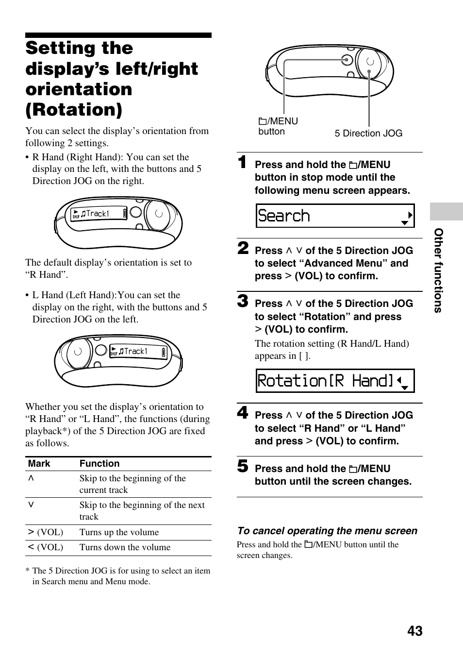 Setting the display’s left/right, Orientation (rotation), Search | Rotation[r hand | Sony NW-E305 User Manual | Page 43 / 65