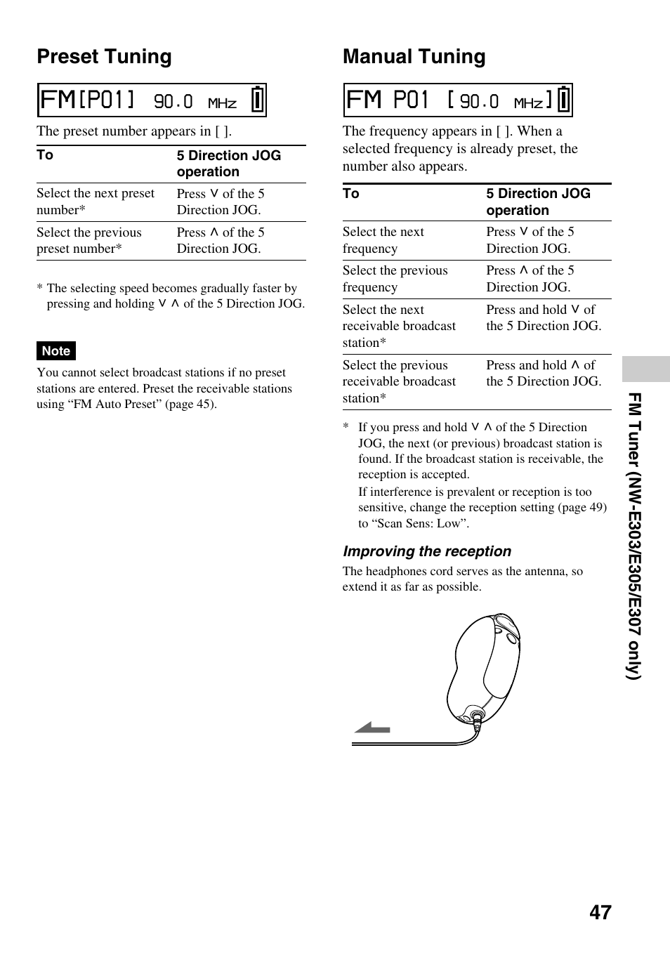 Preset tuning, Manual tuning, Preset tuning manual tuning | Sony NW-E305 User Manual | Page 47 / 65
