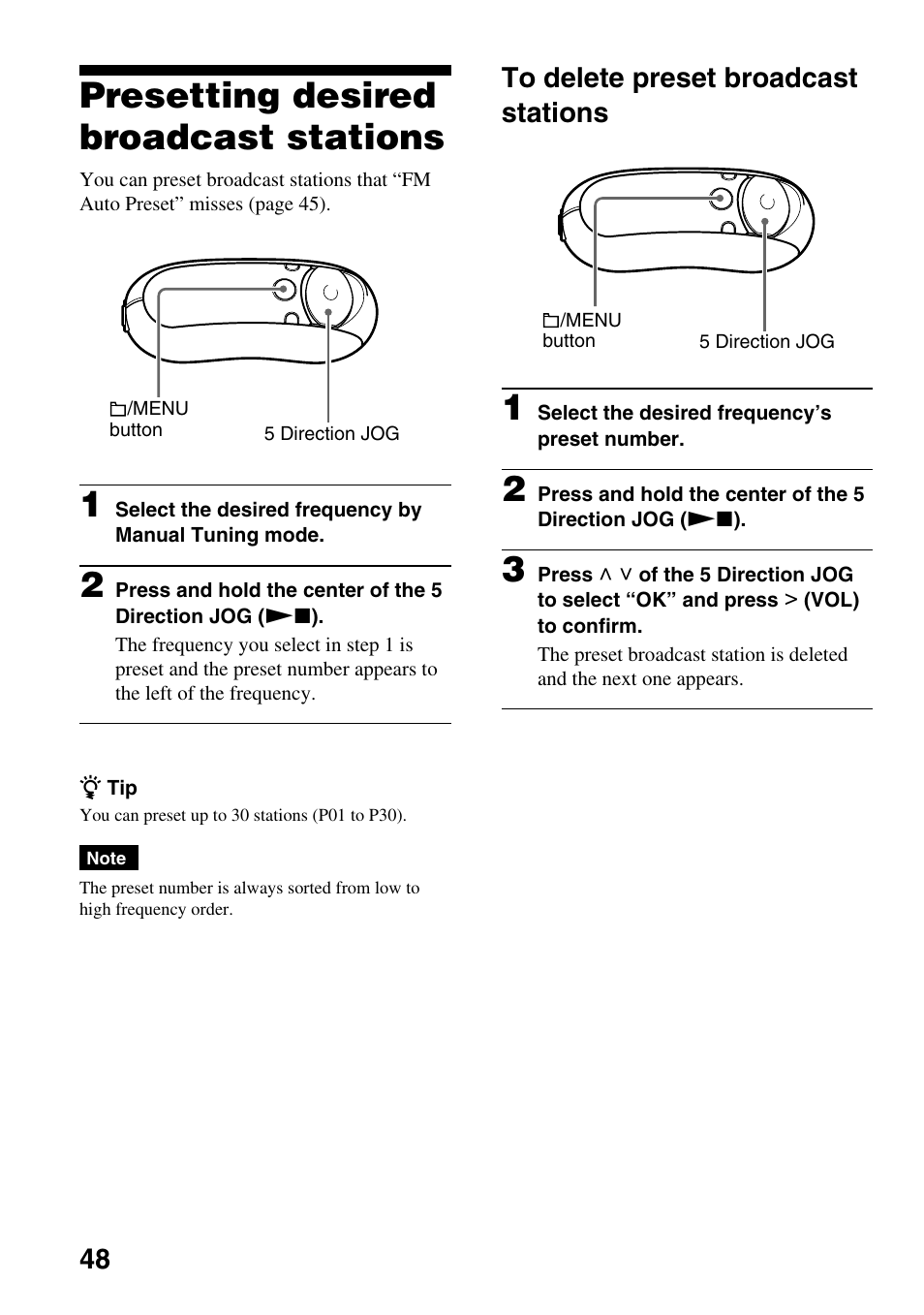 Presetting desired broadcast stations, To delete preset broadcast stations | Sony NW-E305 User Manual | Page 48 / 65