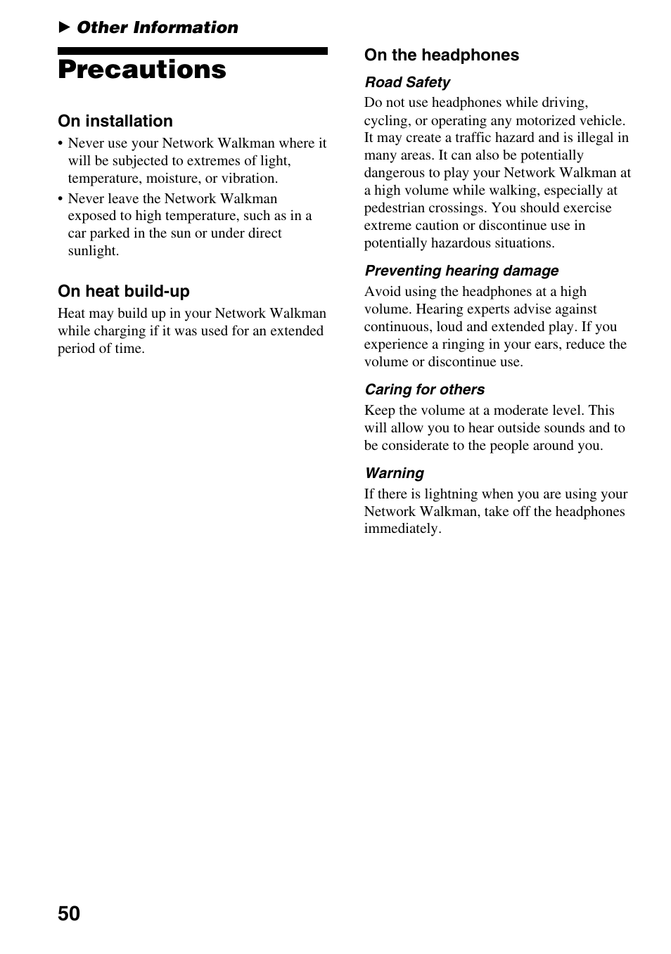 Other information, Precautions | Sony NW-E305 User Manual | Page 50 / 65