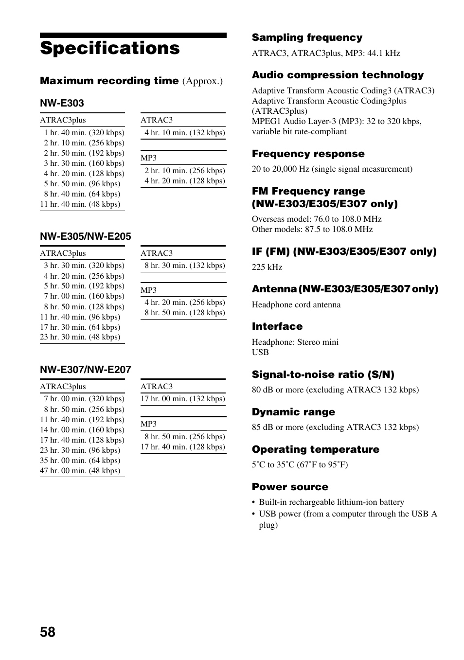 Specifications | Sony NW-E305 User Manual | Page 58 / 65