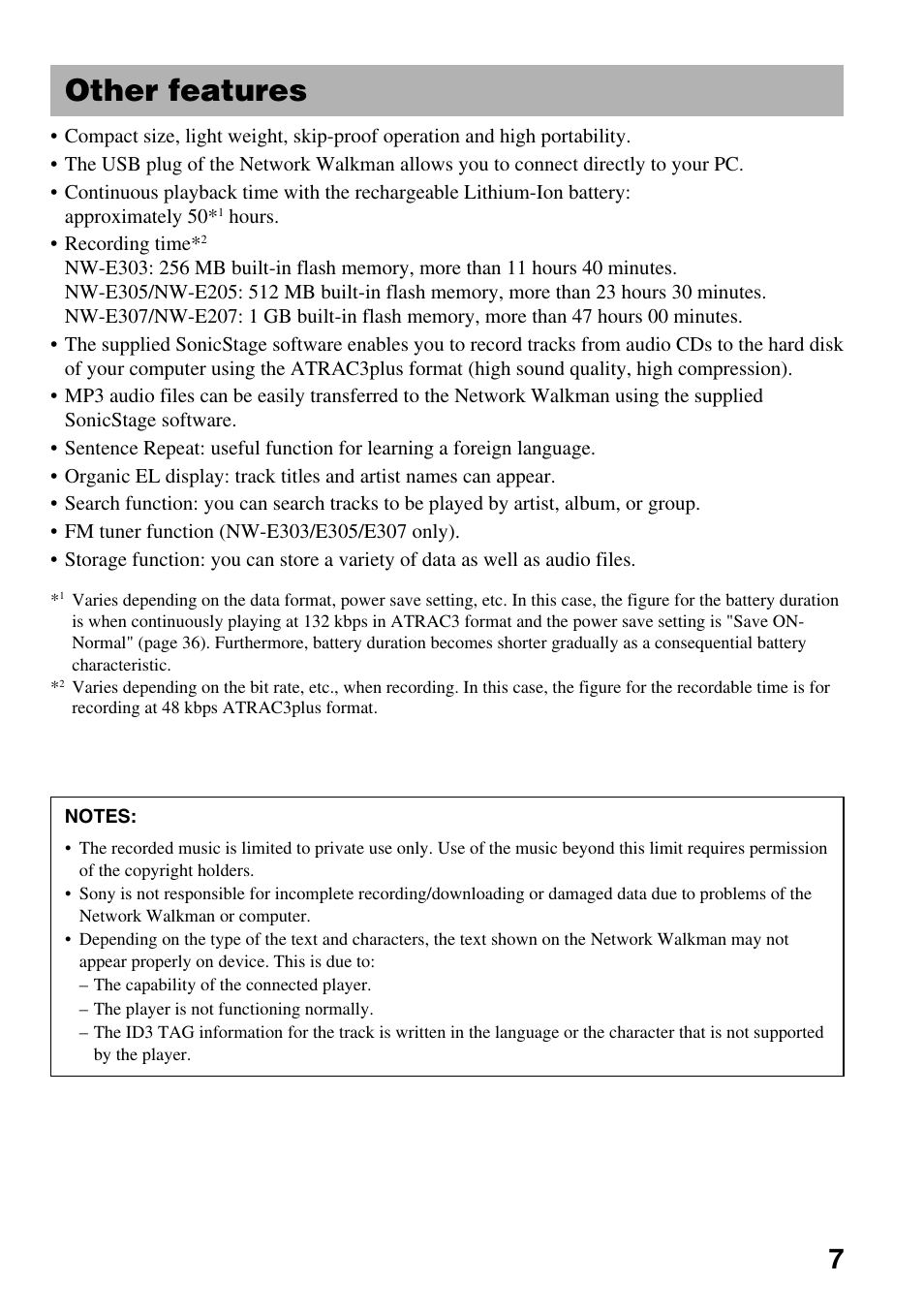 Other features | Sony NW-E305 User Manual | Page 7 / 65