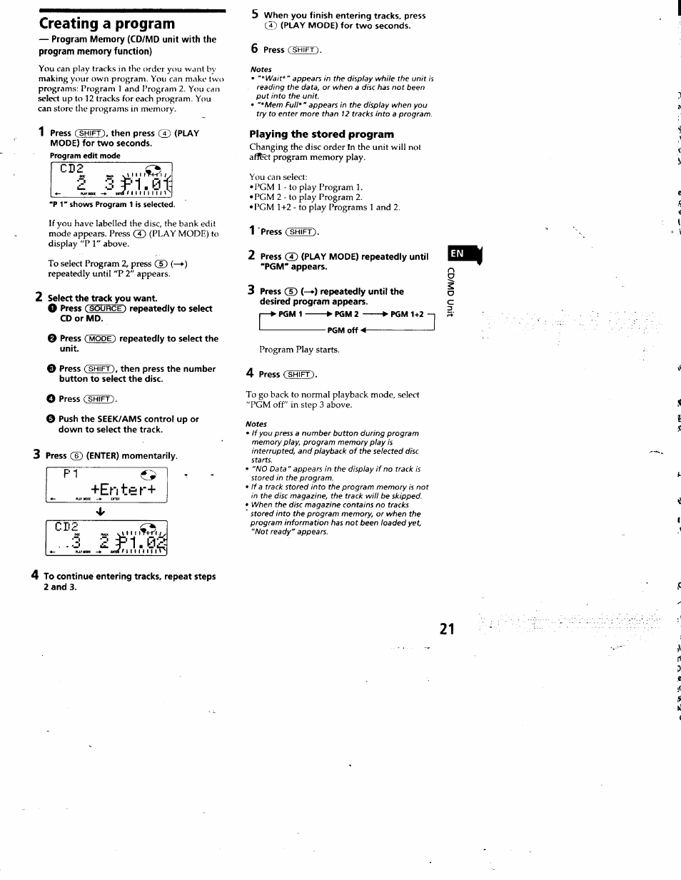 Creating a program, Playing the stored program | Sony CDX-C880 User Manual | Page 21 / 38
