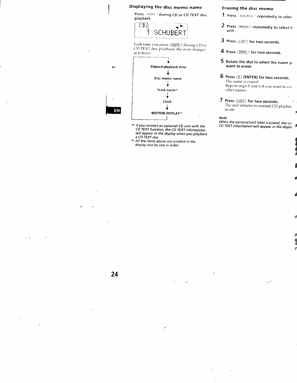 Displaying the disc memo name, 1 schubert, Erasing the disc memo | Sony CDX-C880 User Manual | Page 24 / 38