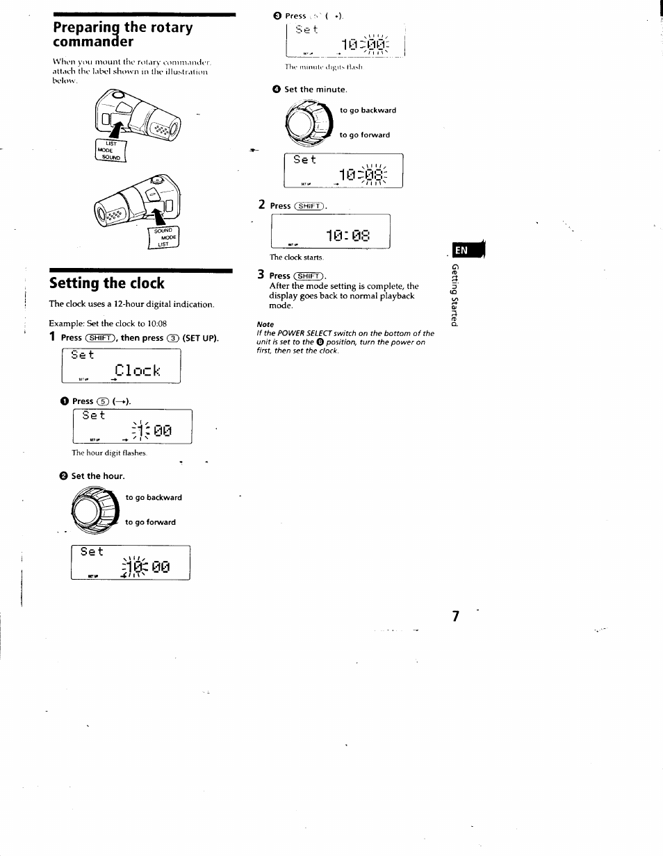 Clock, O press ce> (—►), O set the hour | 1y,^yy, Setting the clock, Preparinq command the rotary er, Shift) | Sony CDX-C880 User Manual | Page 7 / 38