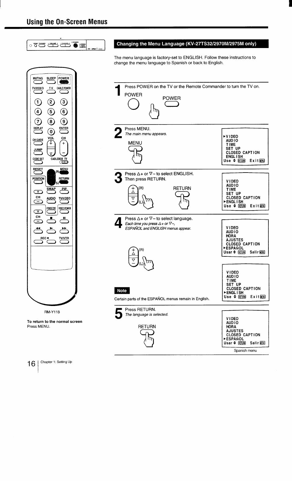 Using the on-screen menus, Power, Press menu | Menu, Press return | Sony KV-27TS29 User Manual | Page 16 / 59