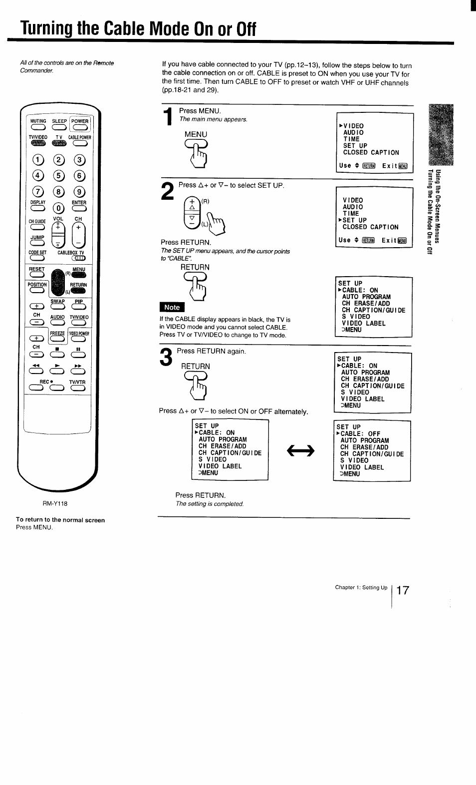 Turning the cable mode on or off | Sony KV-27TS29 User Manual | Page 17 / 59