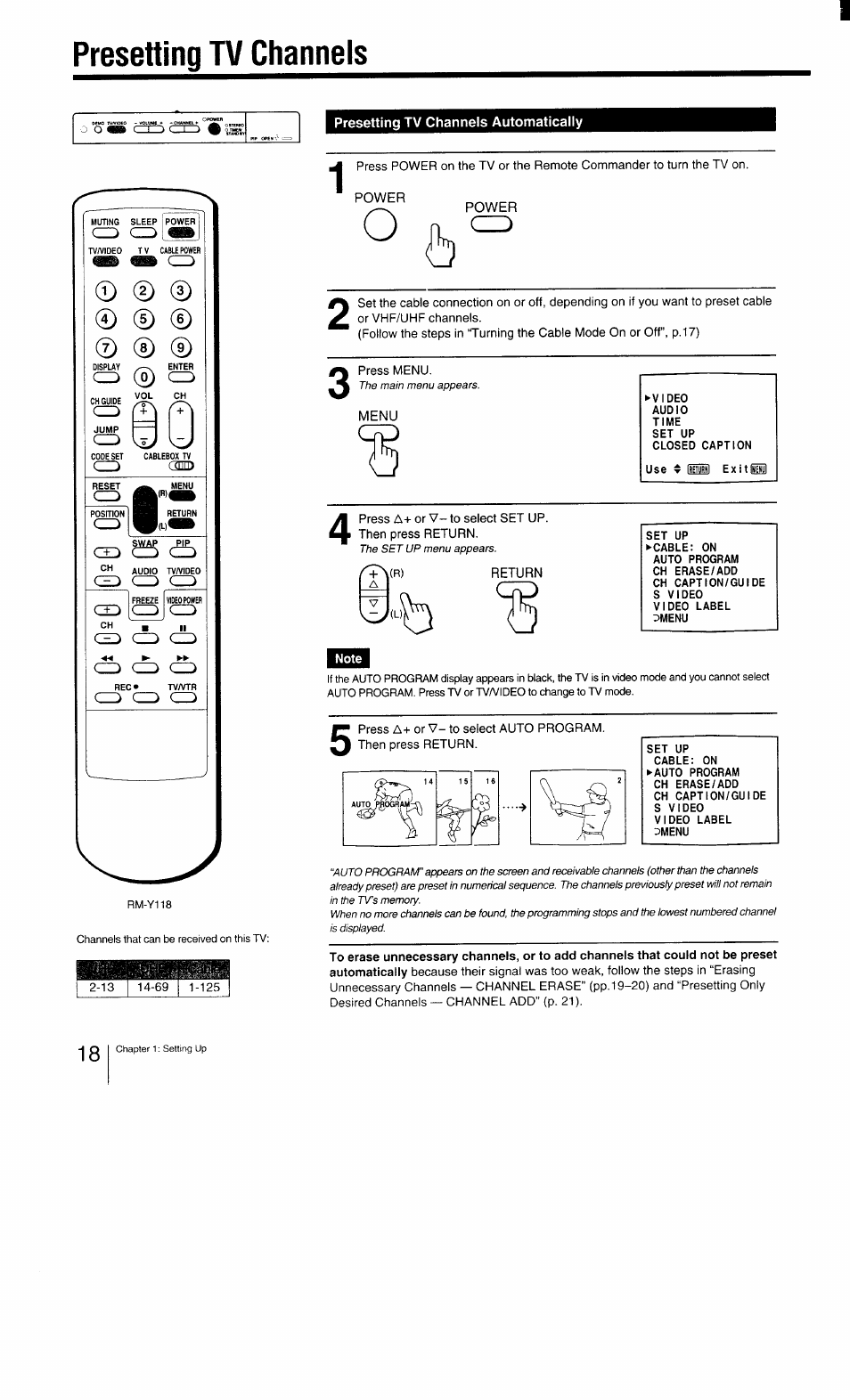 Presetting tv channels automatically, Presetting tv channels | Sony KV-27TS29 User Manual | Page 18 / 59