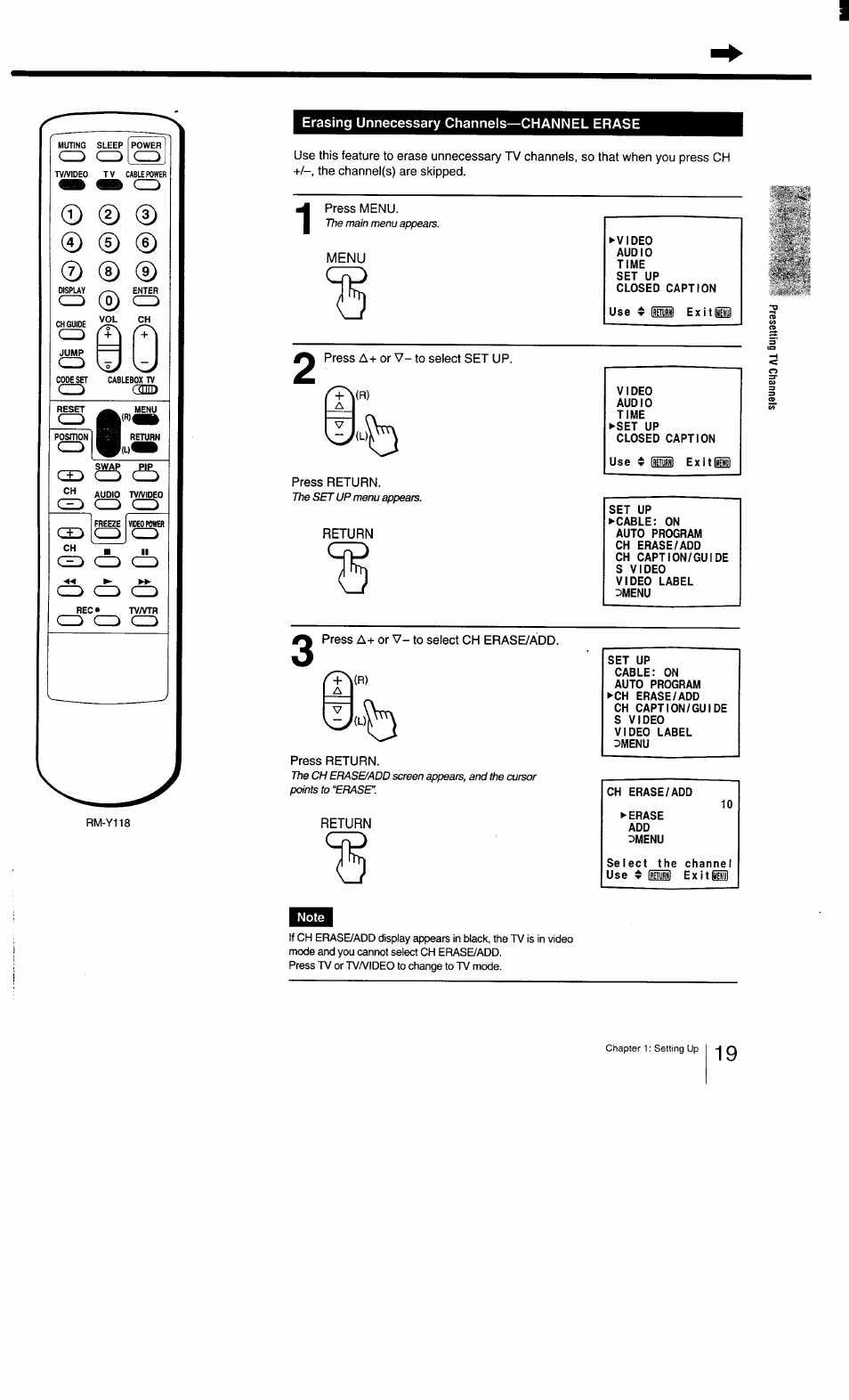 Erasing unnecessary channels—channel erase, Return, Closed caption | Exit, Using closed caption | Sony KV-27TS29 User Manual | Page 19 / 59