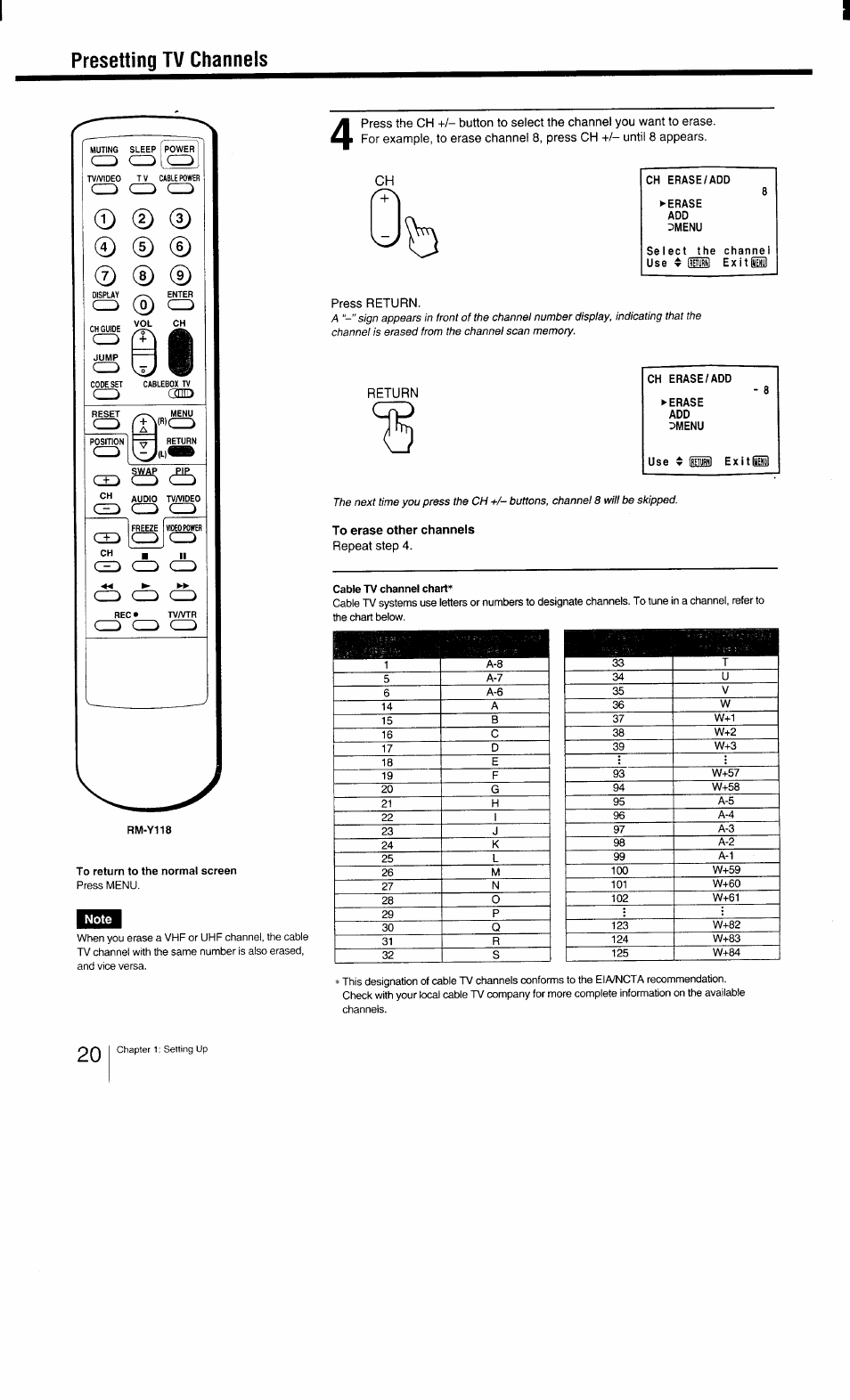 Presetting tv channels, Press return, Ch erase/add | Erase, Dmenu, Exitq, To erase other channels, Repeat step 4 | Sony KV-27TS29 User Manual | Page 20 / 59