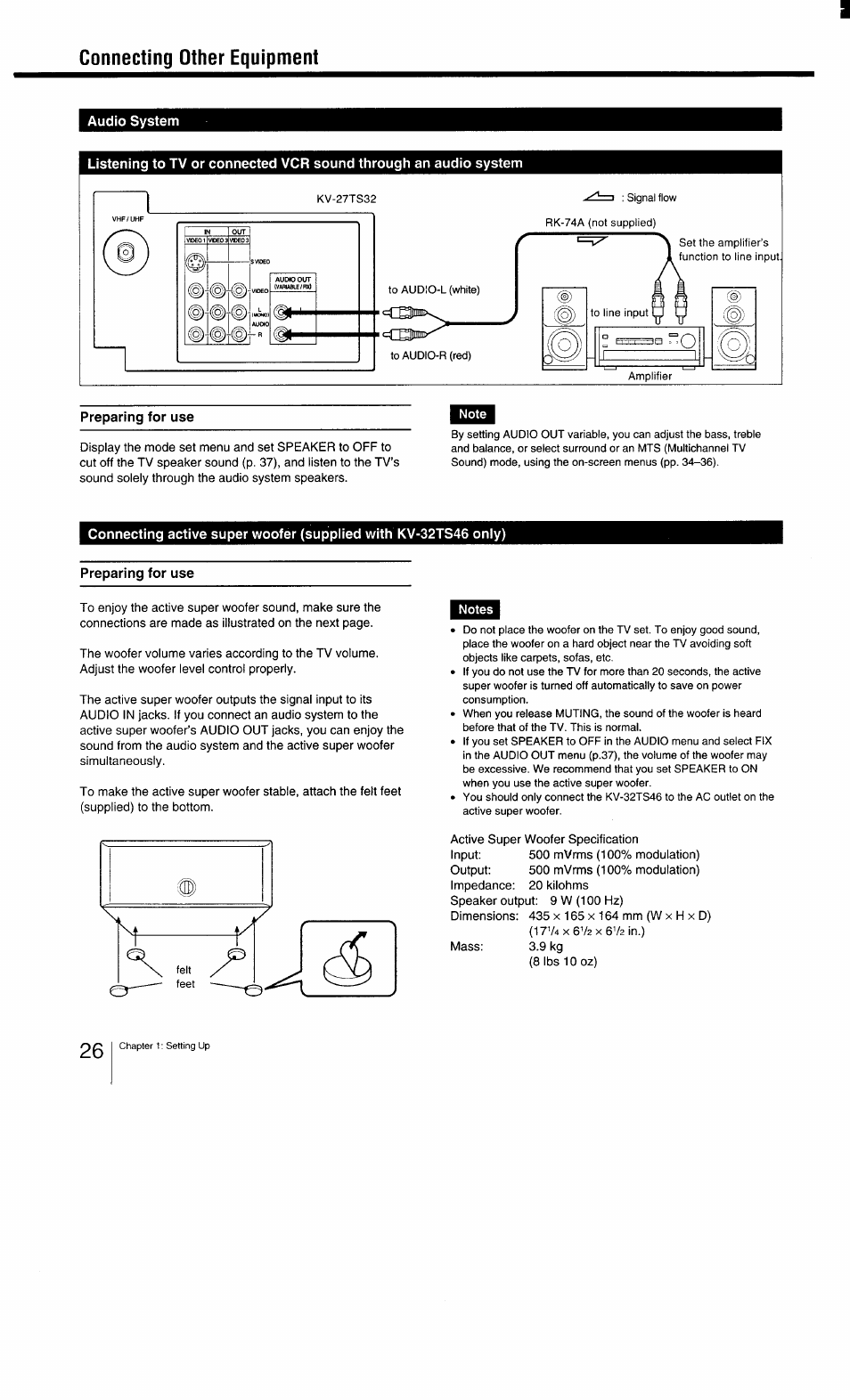 Audio system, Preparing for use, Notes | Connecting other equipment | Sony KV-27TS29 User Manual | Page 26 / 59