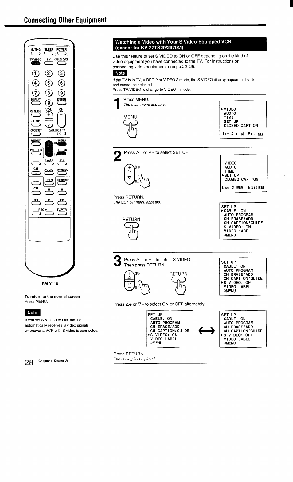 Menu, Return, Connecting other equipment | Sony KV-27TS29 User Manual | Page 28 / 59