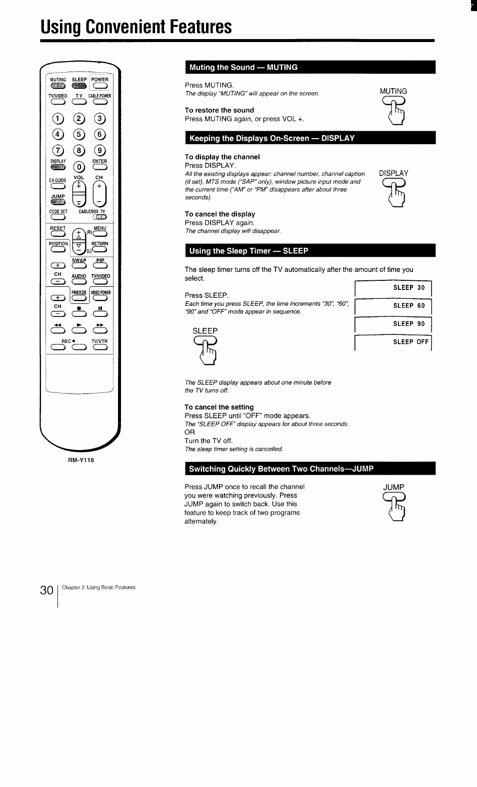 Muting the sound — muting, To restore the sound, Keeping the displays on-screen — display | To display the channel, To cancel the display, Using the sleep timer — sleep, Sleep 30, Sleep 60, Sleep 90, Sleep off | Sony KV-27TS29 User Manual | Page 30 / 59