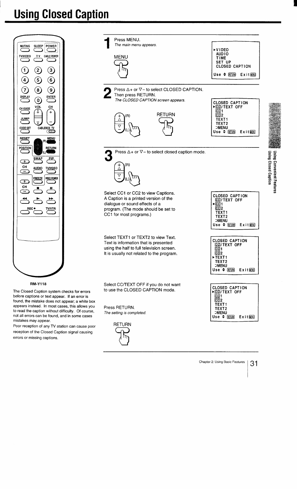 Menu, Return, Using closed caption | Sony KV-27TS29 User Manual | Page 31 / 59
