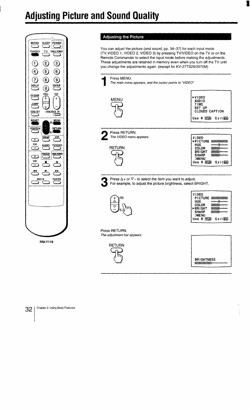 Adjusting the picture, Adjusting picture and sound quality | Sony KV-27TS29 User Manual | Page 32 / 59