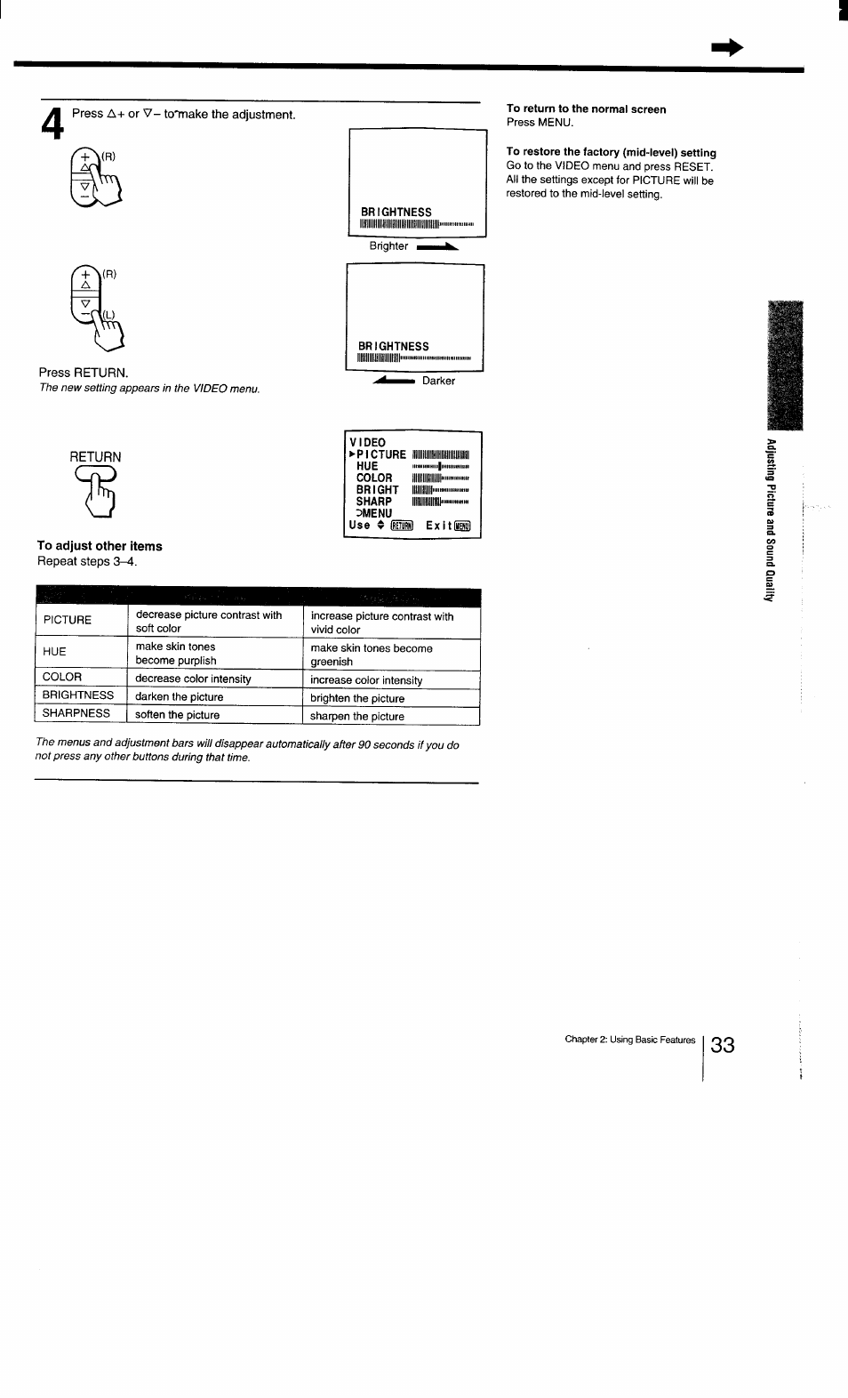 Press return, Return, To adjust other items | Repeat steps 3-4 | Sony KV-27TS29 User Manual | Page 33 / 59
