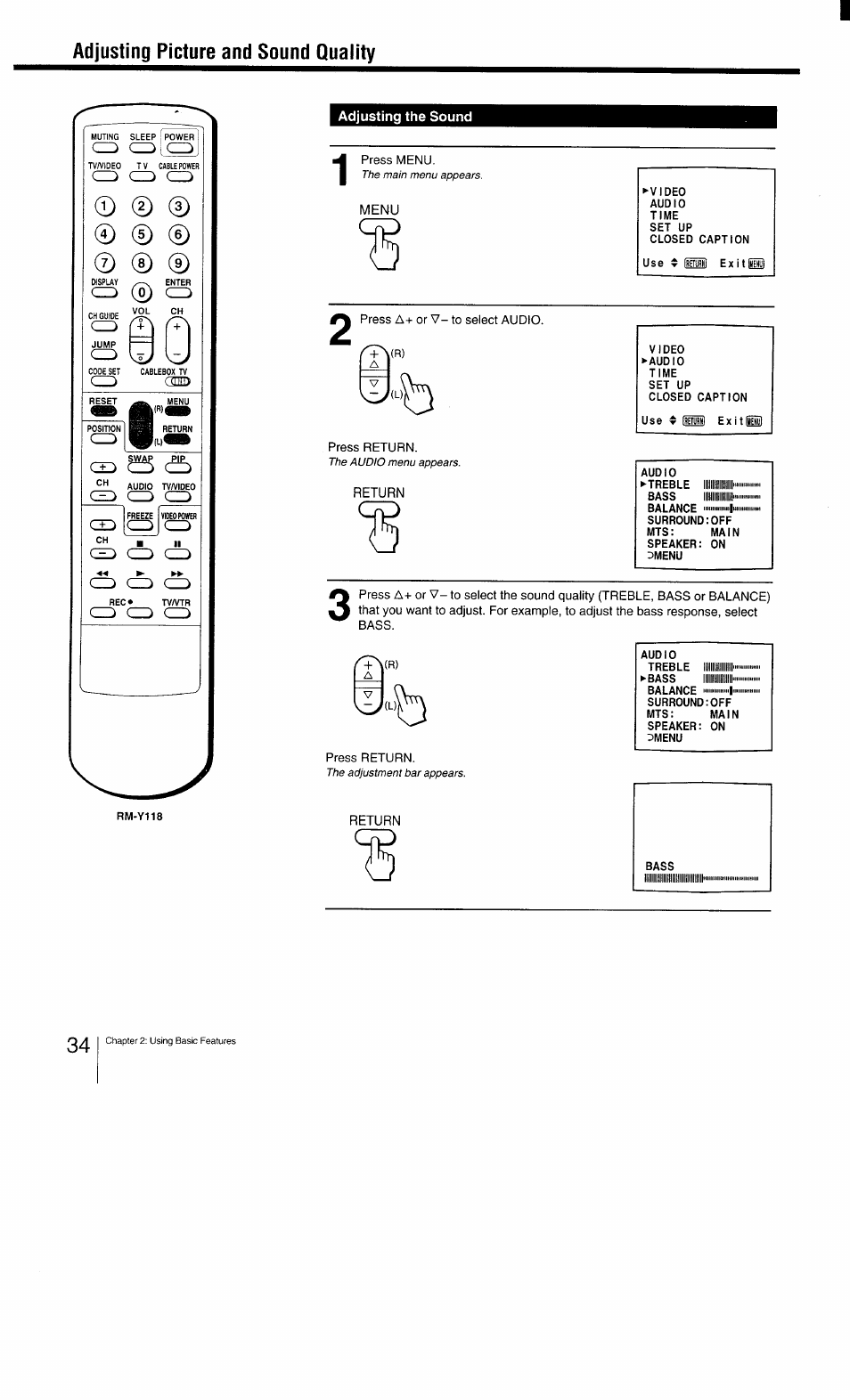 Adjusting picture and sound quality, Adjusting the sound, Menu | Return | Sony KV-27TS29 User Manual | Page 34 / 59