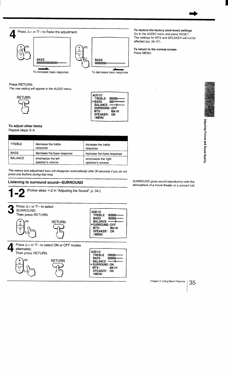 Press a+ or v- to make the adjustment, Press return, Return | To adjust other items, Repeat steps 3-4, Listening to surround sound—surround, Follow steps 1-2 in “adjusting the sound”, p. 34.), Press a-t- or v- to select surround, Then press return | Sony KV-27TS29 User Manual | Page 35 / 59