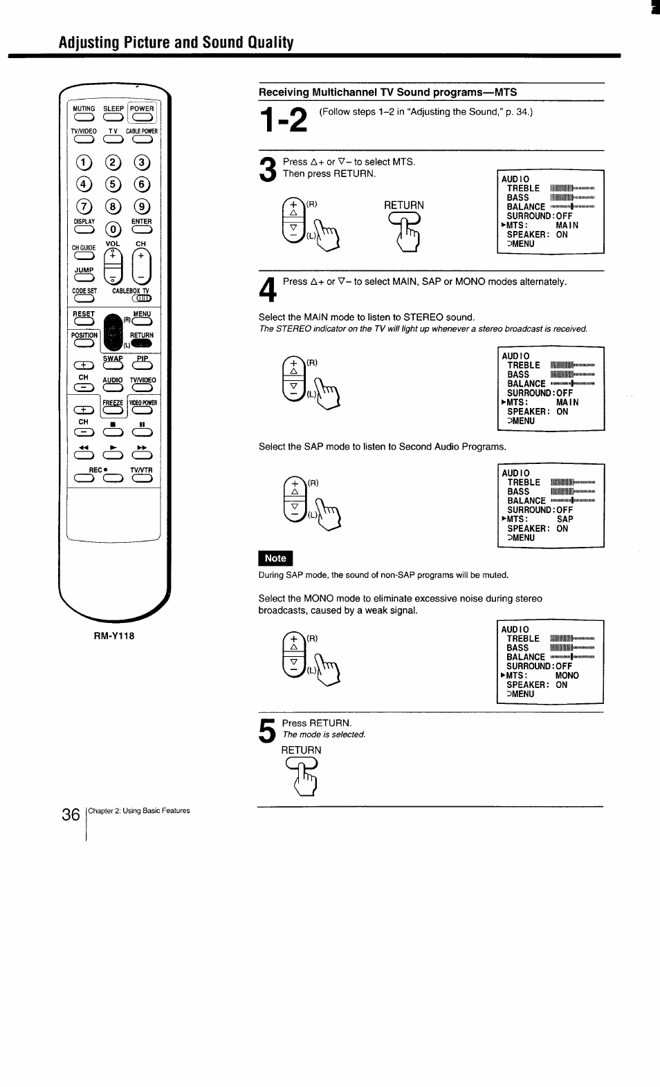 Adjusting picture and sound quality, Receiving multichannel tv sound programs—mts, Return | Sony KV-27TS29 User Manual | Page 36 / 59