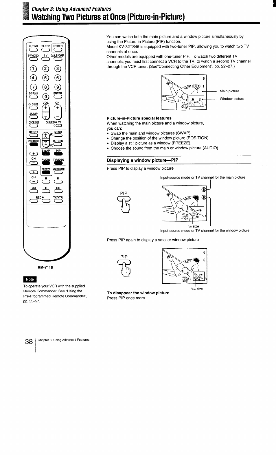 Picture-in-picture speciai features, Displaying a window picture—pip, To disappear the window picture | Watching two pictures at once (picture-in-picture) | Sony KV-27TS29 User Manual | Page 38 / 59