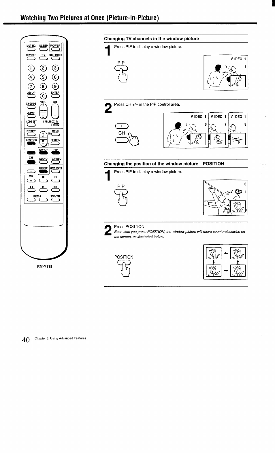 Watching two pictures at once (picture-in-picture), Changing tv channels in the window picture | Sony KV-27TS29 User Manual | Page 40 / 59