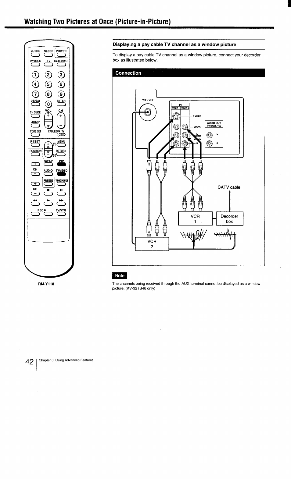Watching two pictures at once (picture-in-picture), Connection | Sony KV-27TS29 User Manual | Page 42 / 59