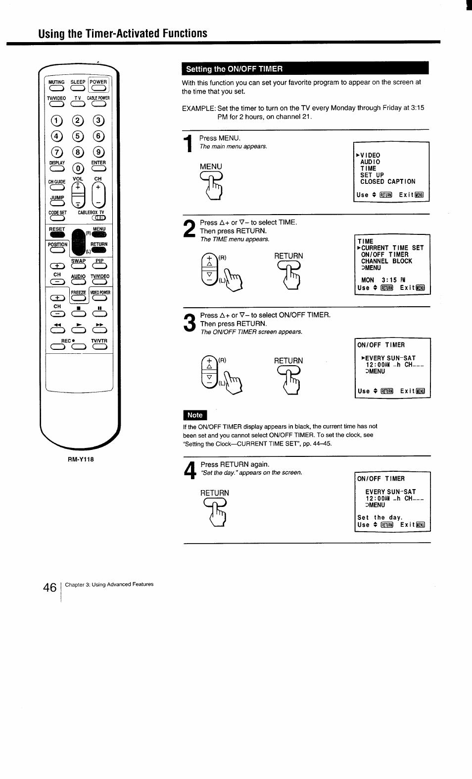 Using the timer-activated functions, Setting the on/off timer, I^(r) return | Return | Sony KV-27TS29 User Manual | Page 46 / 59