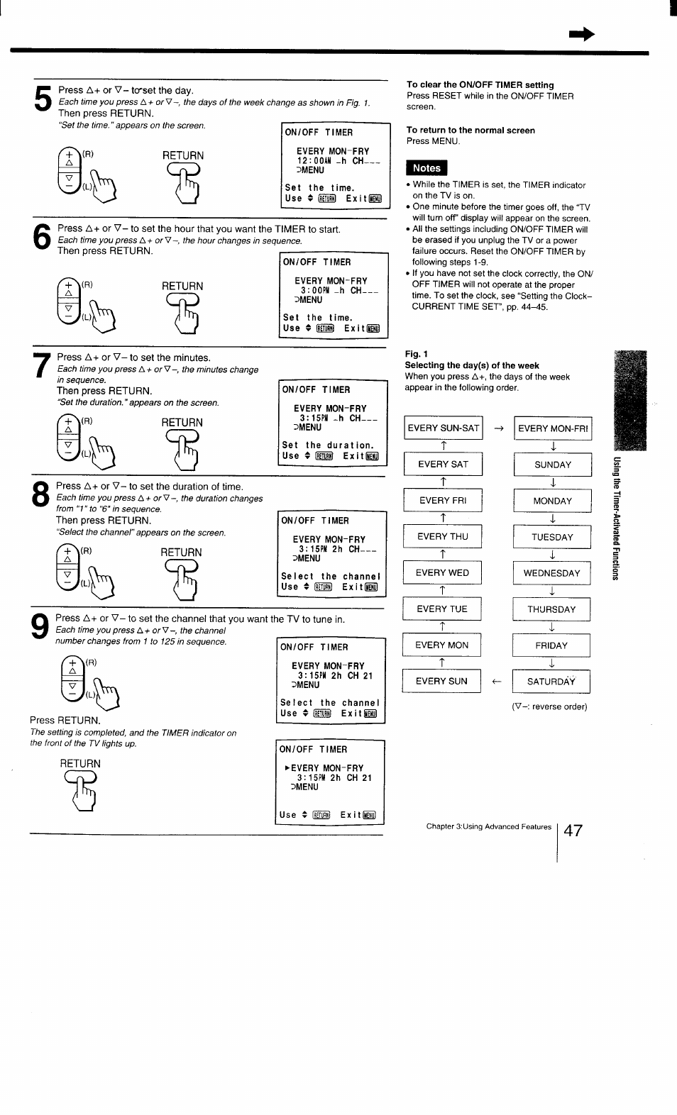 Press a+ or v- to'set the day, Then press return, Press a+ or v- to set the minutes | Return, Press a+ or v- to set the duration of time, Press return, Exits, Notes | Sony KV-27TS29 User Manual | Page 47 / 59