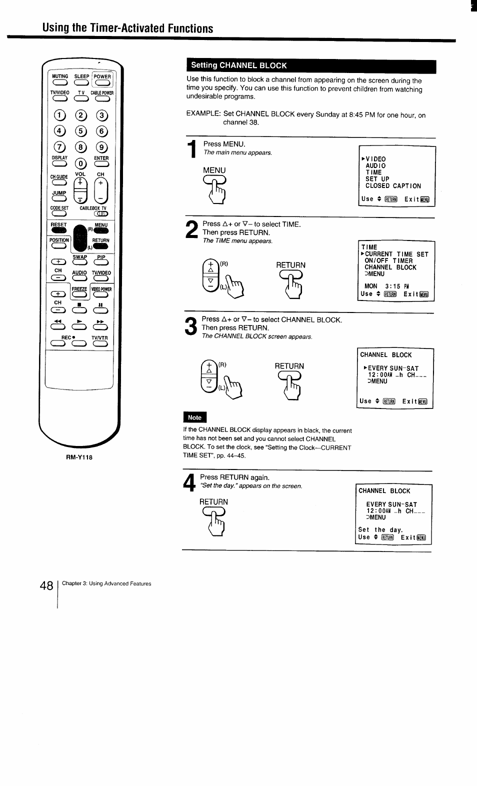 Using the timer-activated functions, Setting channel block, Menu | Return | Sony KV-27TS29 User Manual | Page 48 / 59