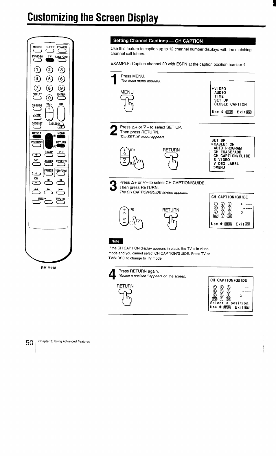 Setting channel captions — ch caption, Menu, Return | Setting channel captions - ch caption, Customizing the screen display | Sony KV-27TS29 User Manual | Page 50 / 59